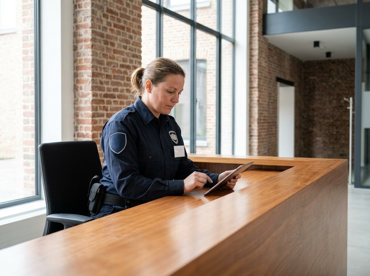 Agente de sécurité au poste de contrôle d'accès d'un immeuble