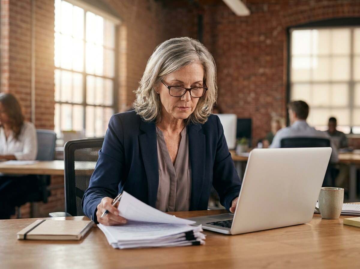 Dirigeante d'entreprise de gardiennage vérifiant des feuilles de temps et une facture