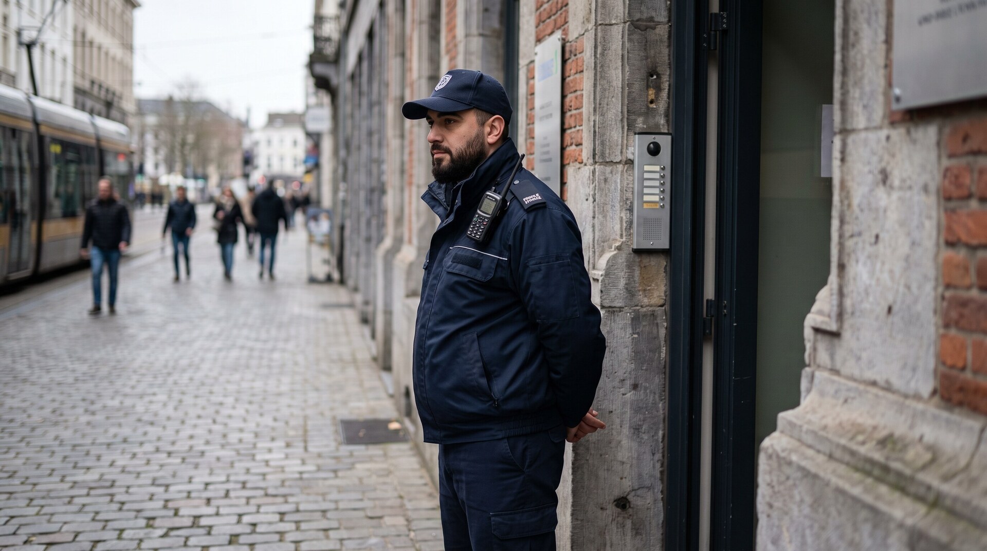Agent de gardiennage en uniforme devant un immeuble de bureaux bruxellois, un jour de pluie