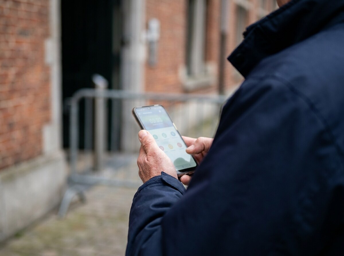 Agent effectuant son pointage mobile géolocalisé sur smartphone