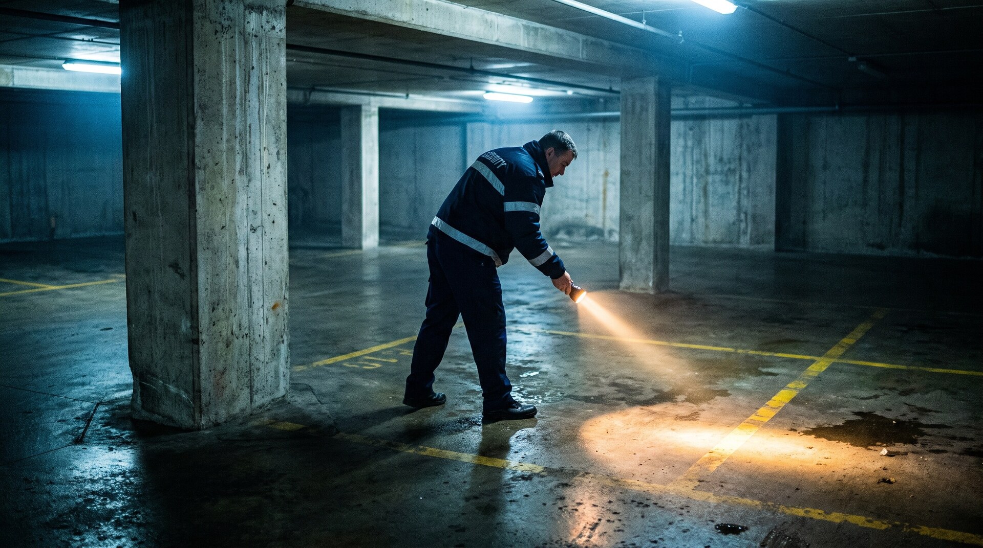 Agent en ronde de nuit, lampe torche à la main, sur un site sécurisé